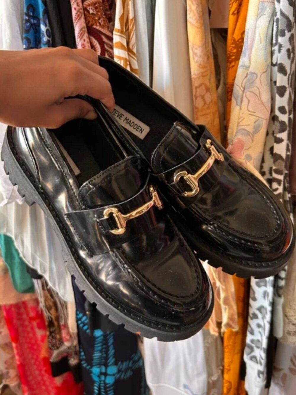 Steve Madden Black Patent Loafers with Gold Hardware